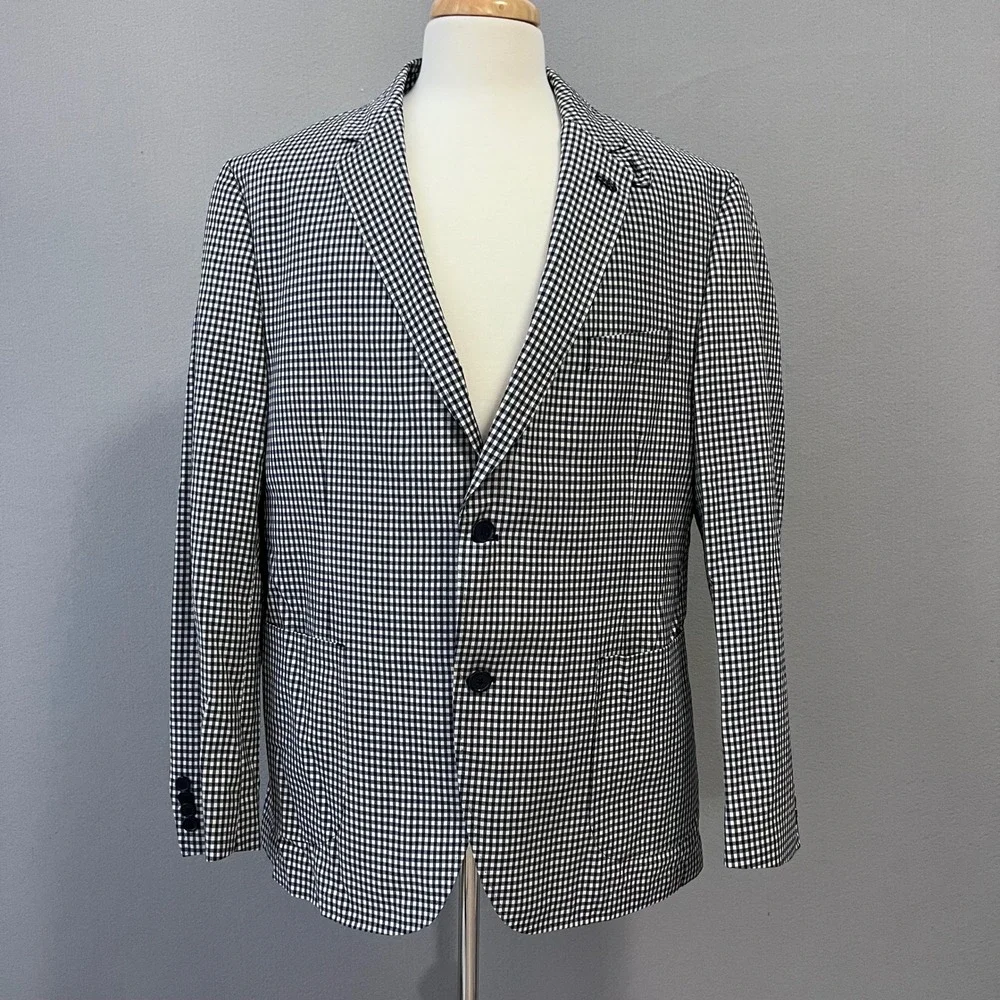 Kroon Sport Coat Mens 44R Navy Gingham Check Wool Blend Bono Blazer Stretch